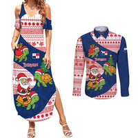Panama Christmas Couples Matching Summer Maxi Dress and Long Sleeve Button Shirt with Santa Claus Sea Turtles Holiday Tree and Red Blue Pattern Design - Wonder Print Shop