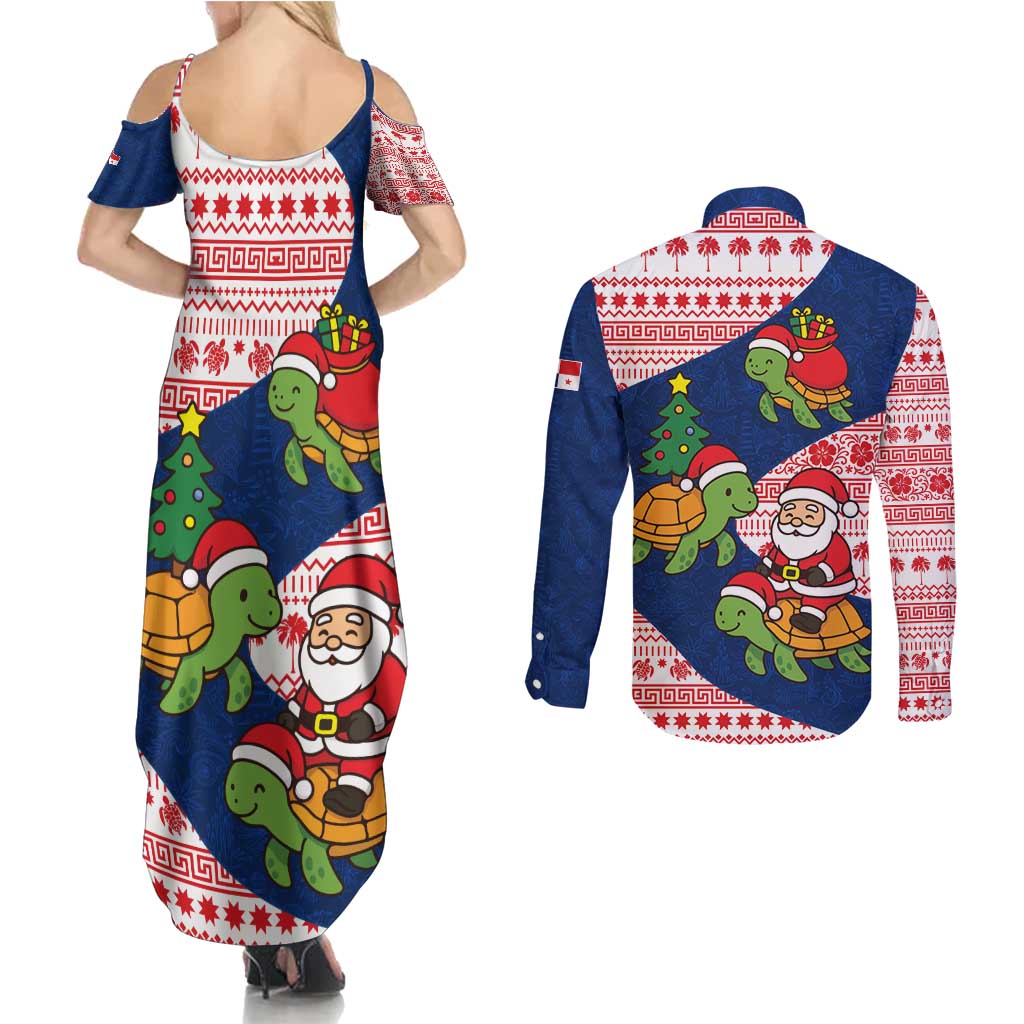 Panama Christmas Couples Matching Summer Maxi Dress and Long Sleeve Button Shirt with Santa Claus Sea Turtles Holiday Tree and Red Blue Pattern Design - Wonder Print Shop