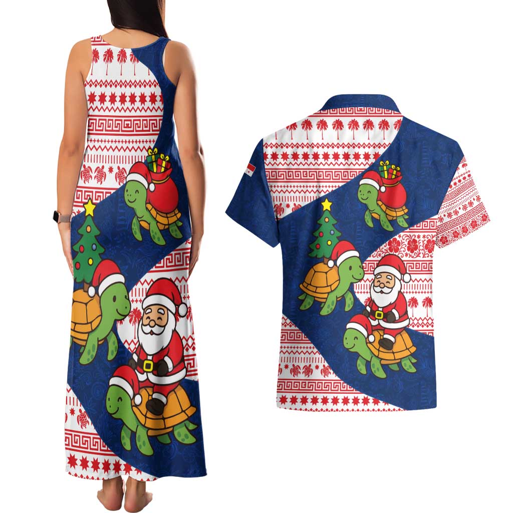 Panama Christmas Couples Matching Tank Maxi Dress and Hawaiian Shirt with Santa Claus Sea Turtles Holiday Tree and Red Blue Pattern Design - Wonder Print Shop