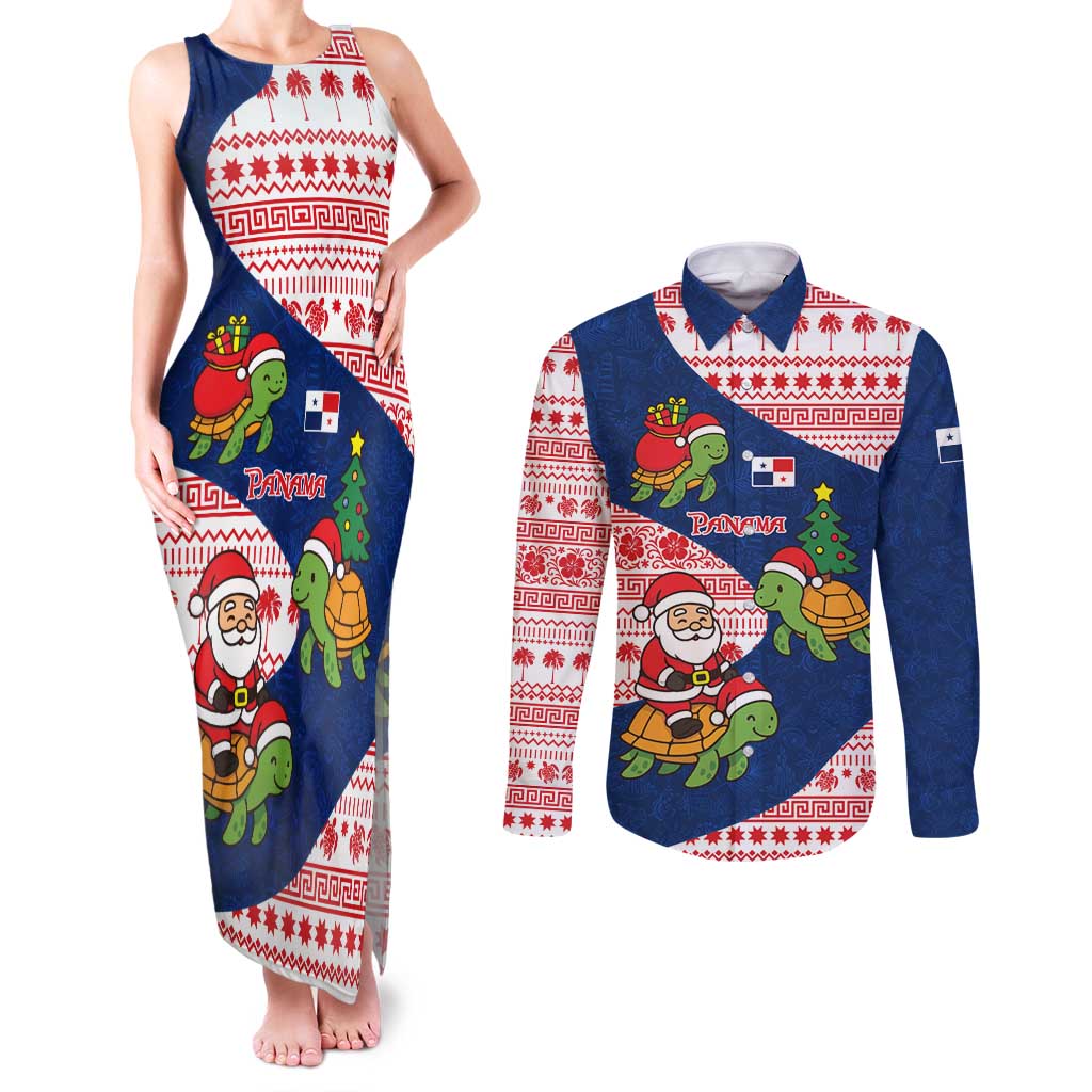 Panama Christmas Couples Matching Tank Maxi Dress and Long Sleeve Button Shirt with Santa Claus Sea Turtles Holiday Tree and Red Blue Pattern Design - Wonder Print Shop