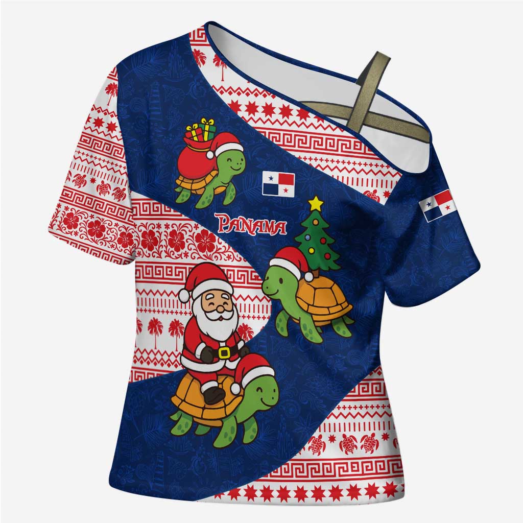 Panama Christmas Cross Shoulder Shirt with Santa Claus Sea Turtles Holiday Tree and Red Blue Pattern Design - Wonder Print Shop