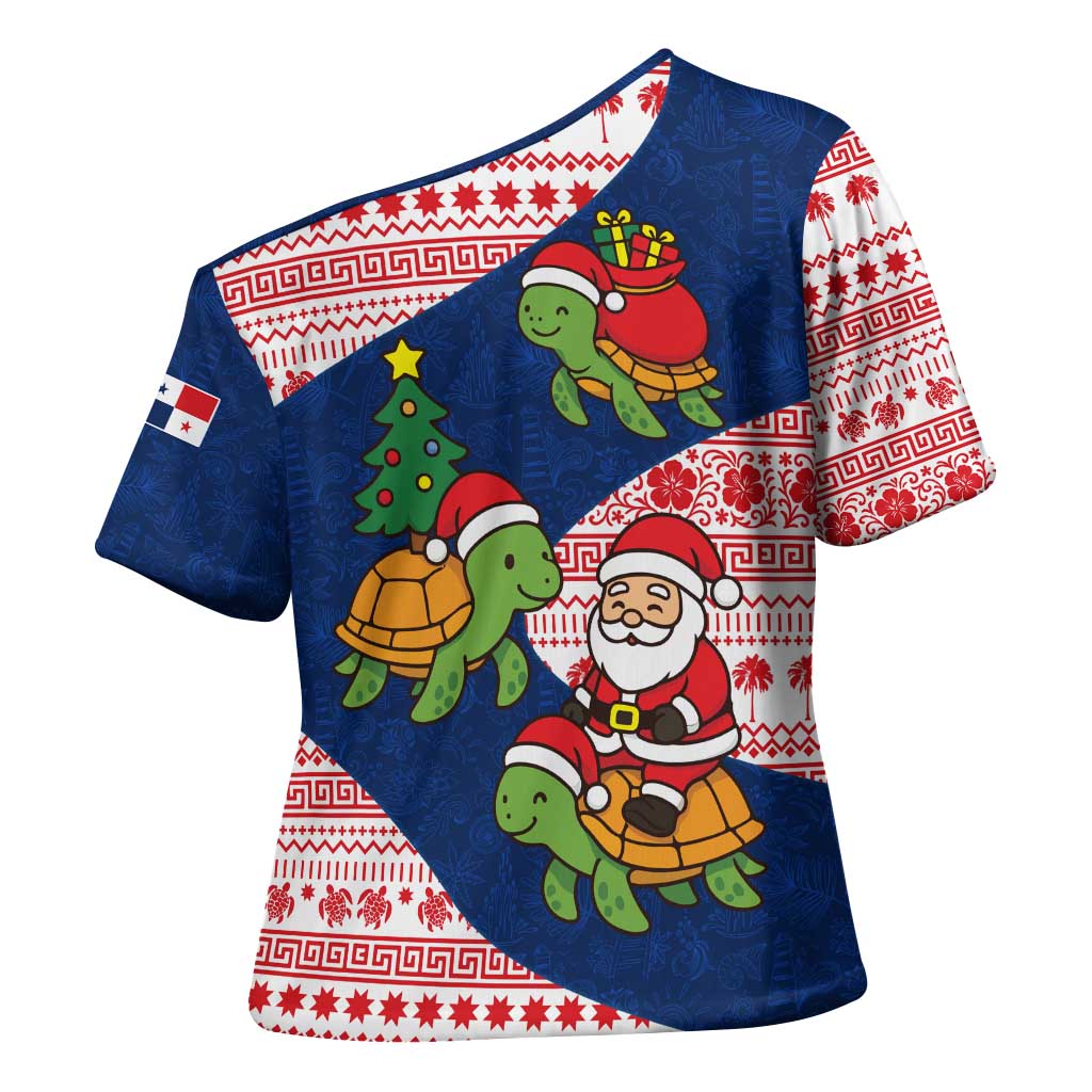 Panama Christmas Cross Shoulder Shirt with Santa Claus Sea Turtles Holiday Tree and Red Blue Pattern Design - Wonder Print Shop