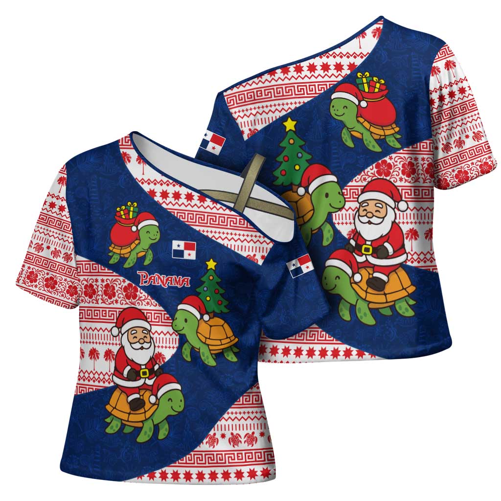 Panama Christmas Cross Shoulder Shirt with Santa Claus Sea Turtles Holiday Tree and Red Blue Pattern Design - Wonder Print Shop
