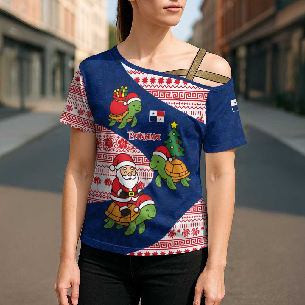 Panama Christmas Cross Shoulder Shirt with Santa Claus Sea Turtles Holiday Tree and Red Blue Pattern Design - Wonder Print Shop