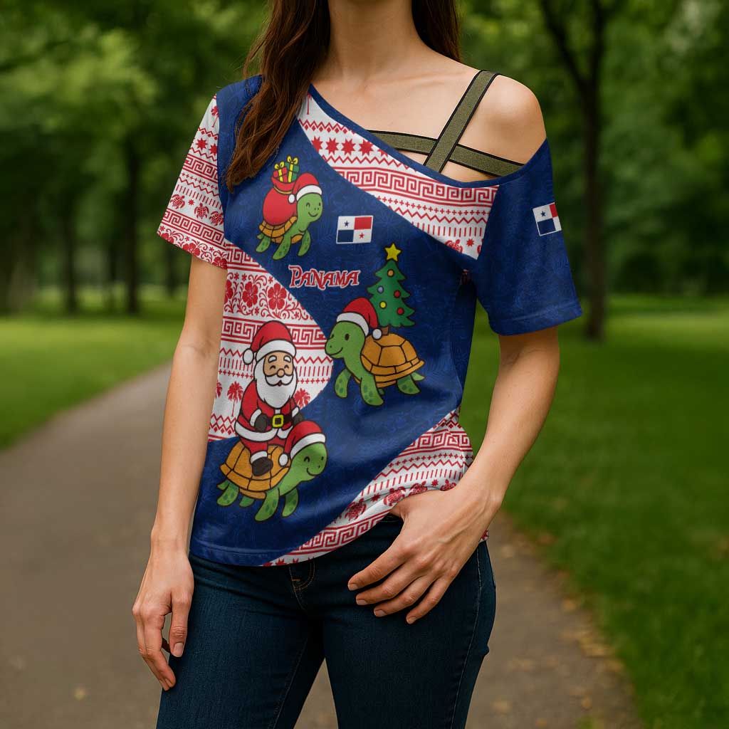 Panama Christmas Cross Shoulder Shirt with Santa Claus Sea Turtles Holiday Tree and Red Blue Pattern Design - Wonder Print Shop