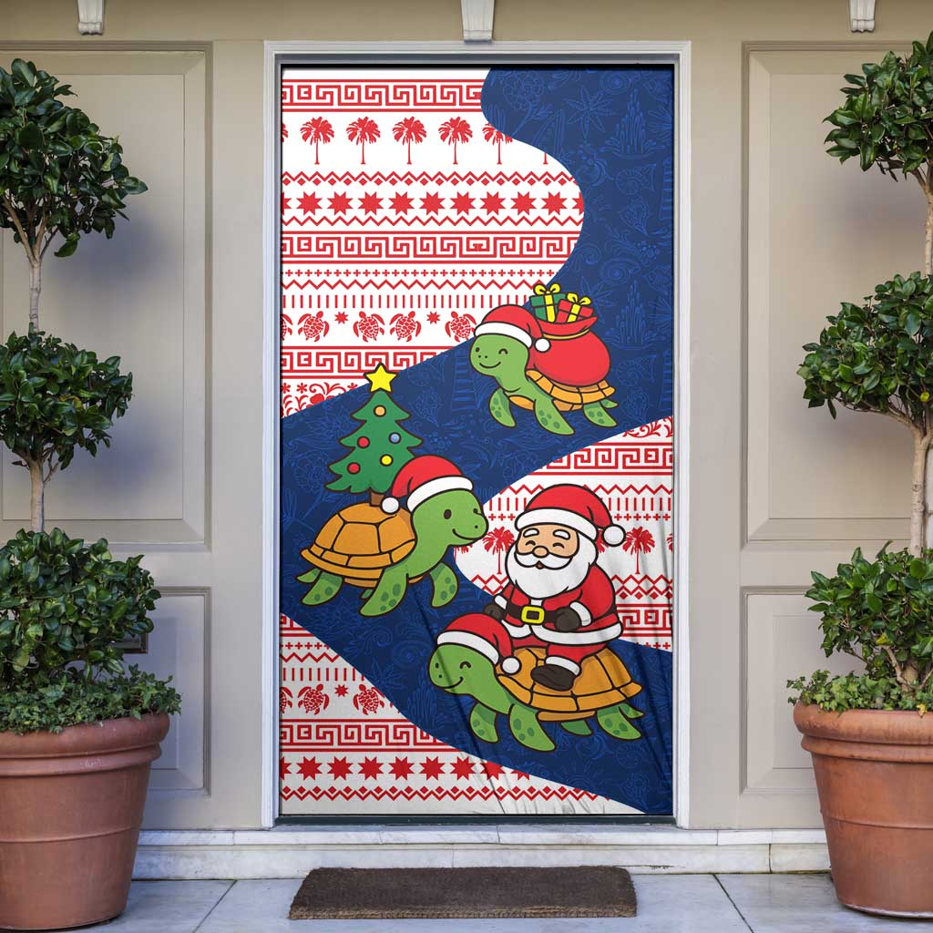 Panama Christmas Door Cover with Santa Claus Sea Turtles Holiday Tree and Red Blue Pattern Design - Wonder Print Shop