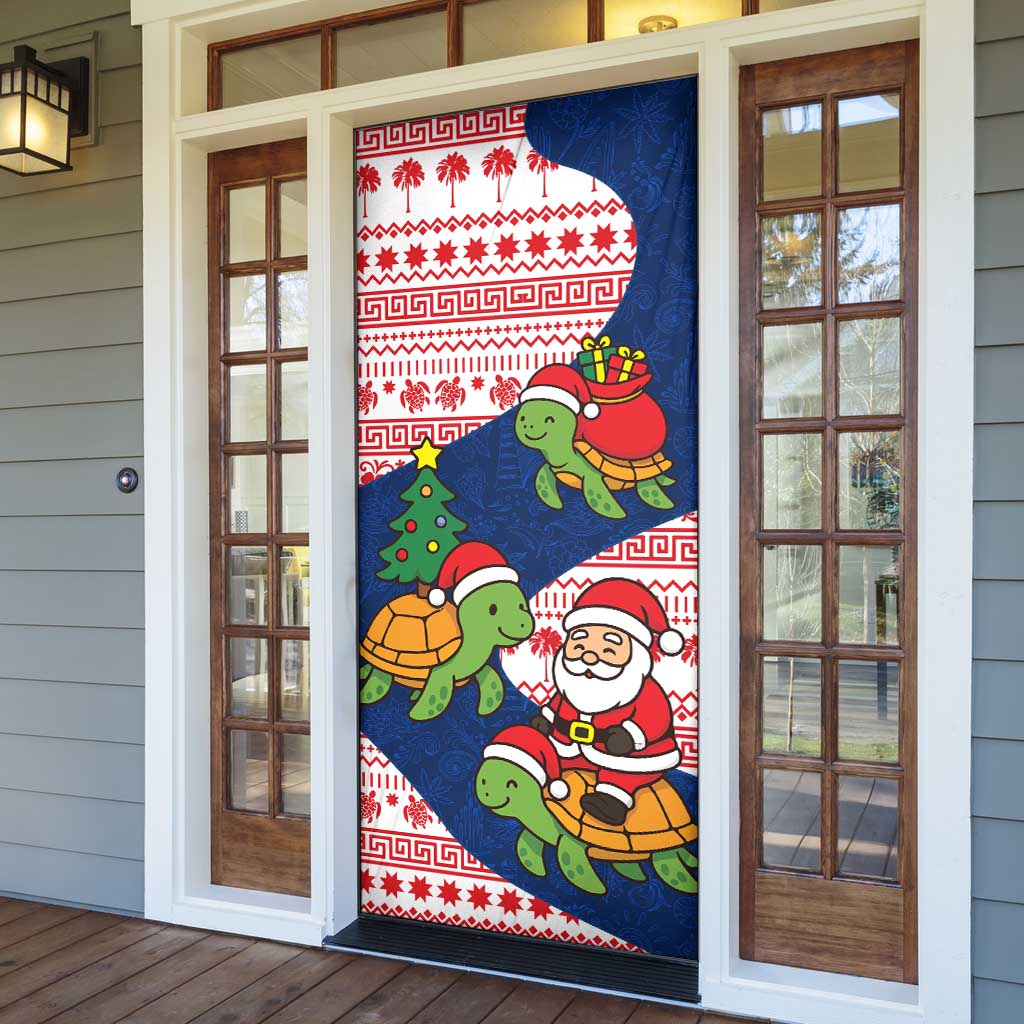 Panama Christmas Door Cover with Santa Claus Sea Turtles Holiday Tree and Red Blue Pattern Design - Wonder Print Shop