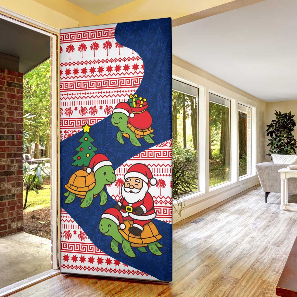 Panama Christmas Door Cover with Santa Claus Sea Turtles Holiday Tree and Red Blue Pattern Design - Wonder Print Shop