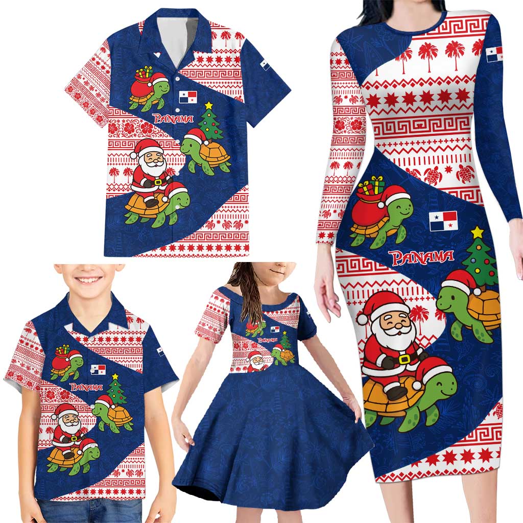 Panama Christmas Family Matching Long Sleeve Bodycon Dress and Hawaiian Shirt with Santa Claus Sea Turtles Holiday Tree and Red Blue Pattern Design - Wonder Print Shop