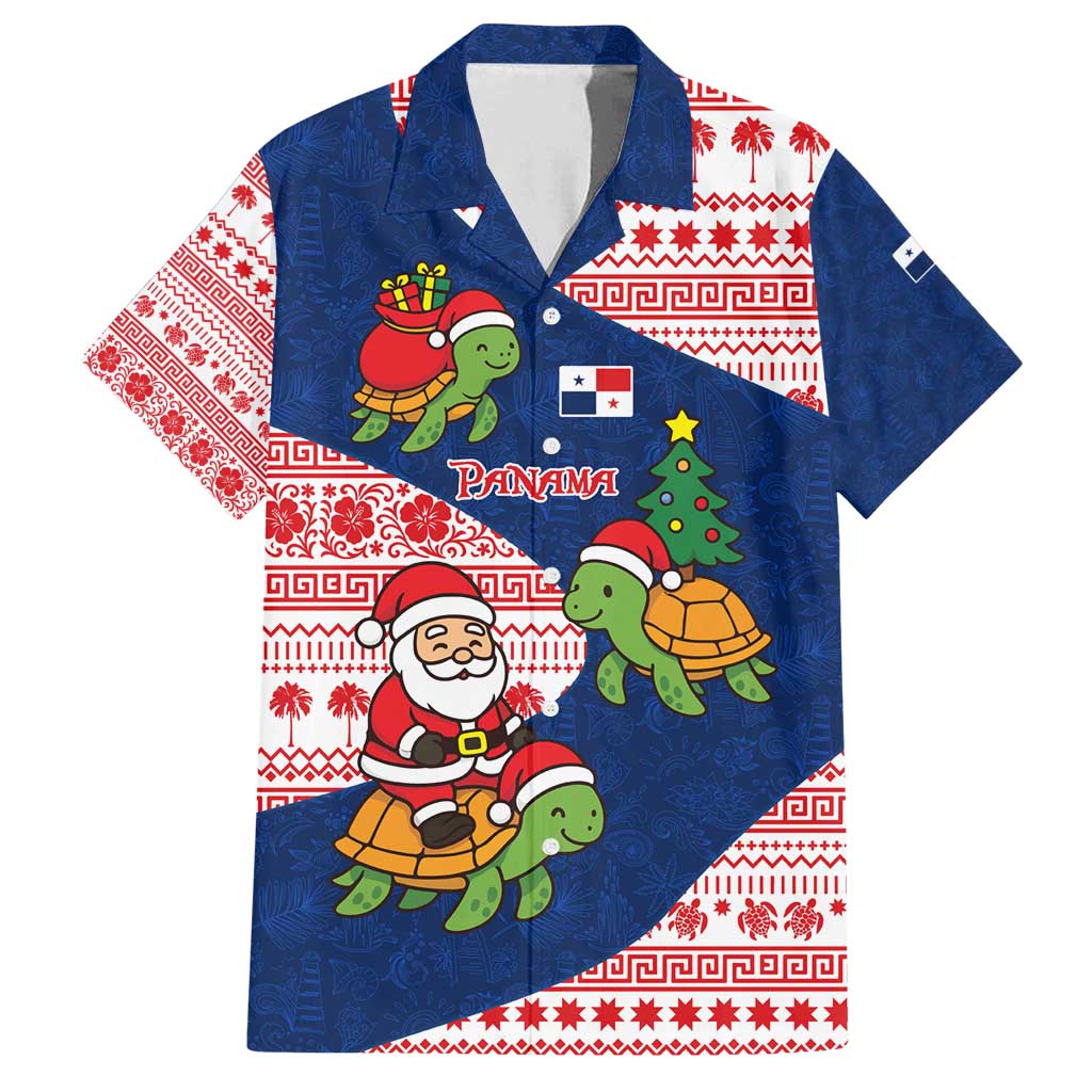 Panama Christmas Family Matching Long Sleeve Bodycon Dress and Hawaiian Shirt with Santa Claus Sea Turtles Holiday Tree and Red Blue Pattern Design - Wonder Print Shop