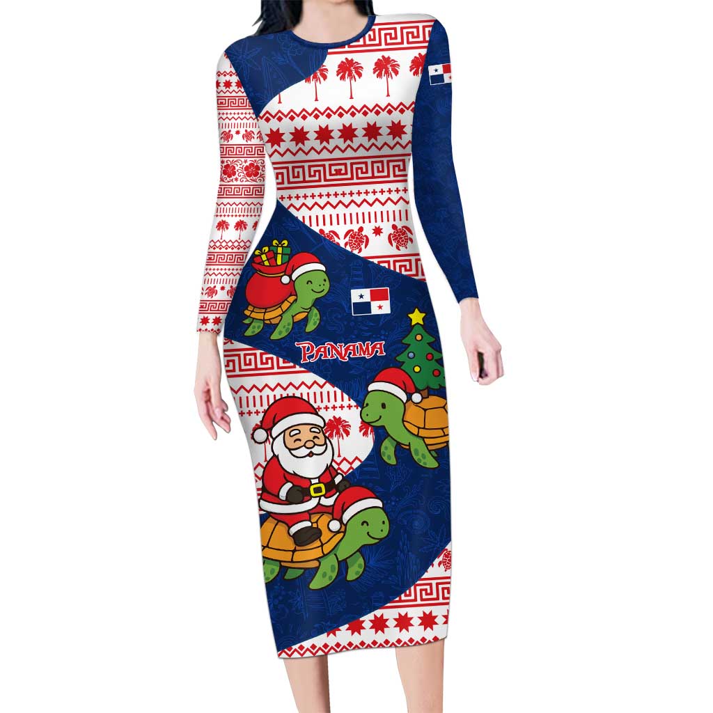 Panama Christmas Family Matching Long Sleeve Bodycon Dress and Hawaiian Shirt with Santa Claus Sea Turtles Holiday Tree and Red Blue Pattern Design - Wonder Print Shop