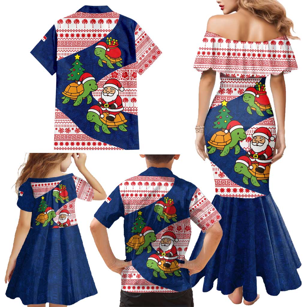 Panama Christmas Family Matching Mermaid Dress and Hawaiian Shirt with Santa Claus Sea Turtles Holiday Tree and Red Blue Pattern Design - Wonder Print Shop