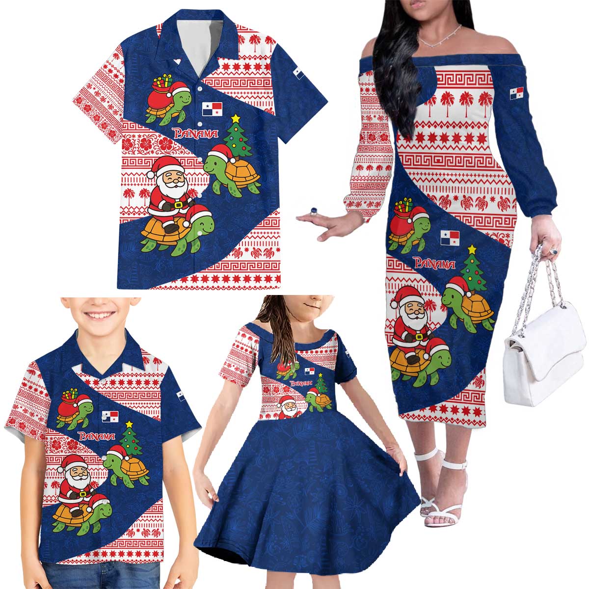 Panama Christmas Family Matching Off The Shoulder Long Sleeve Dress and Hawaiian Shirt with Santa Claus Sea Turtles Holiday Tree and Red Blue Pattern Design - Wonder Print Shop