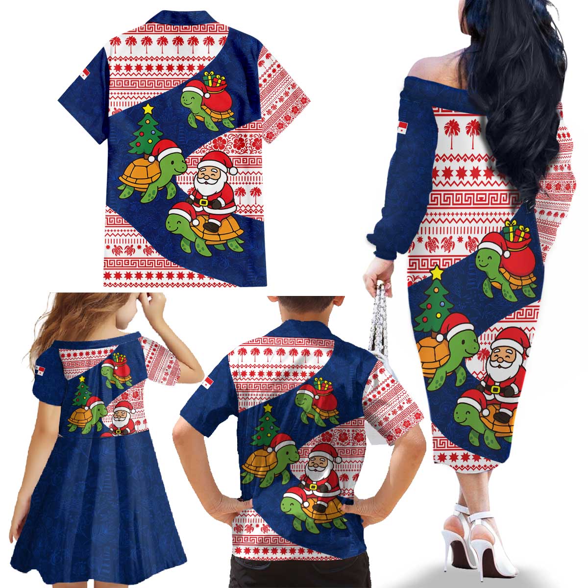 Panama Christmas Family Matching Off The Shoulder Long Sleeve Dress and Hawaiian Shirt with Santa Claus Sea Turtles Holiday Tree and Red Blue Pattern Design - Wonder Print Shop