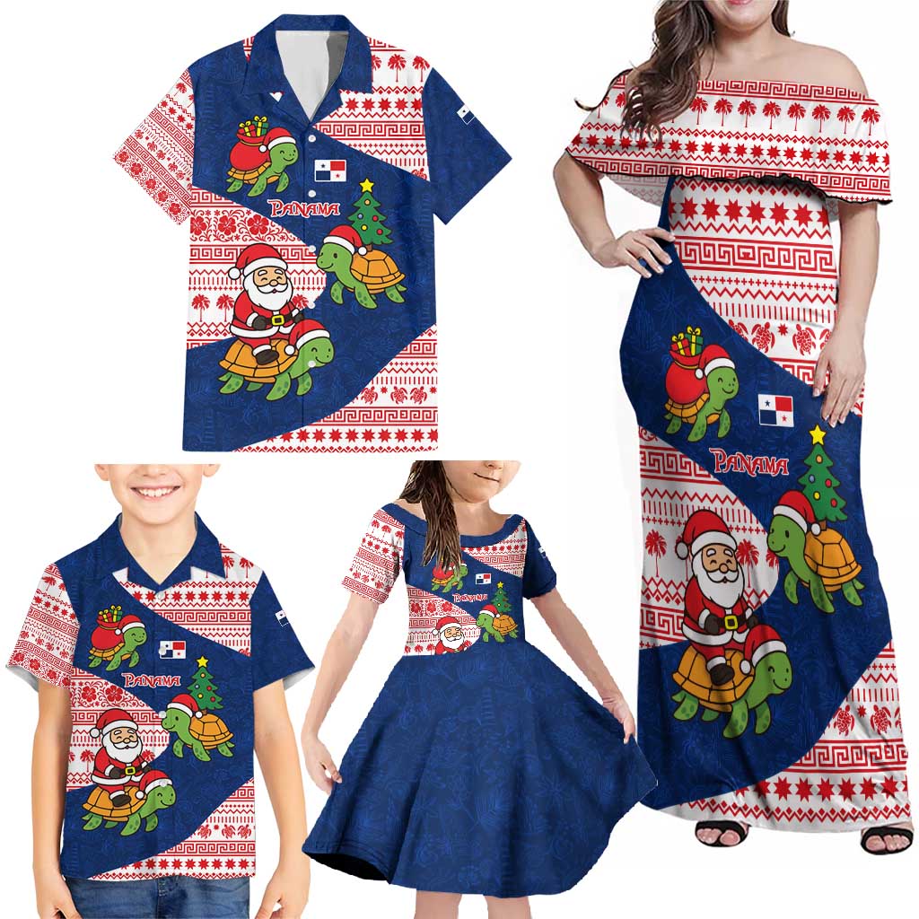 Panama Christmas Family Matching Off Shoulder Maxi Dress and Hawaiian Shirt with Santa Claus Sea Turtles Holiday Tree and Red Blue Pattern Design - Wonder Print Shop