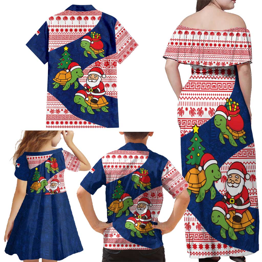 Panama Christmas Family Matching Off Shoulder Maxi Dress and Hawaiian Shirt with Santa Claus Sea Turtles Holiday Tree and Red Blue Pattern Design - Wonder Print Shop