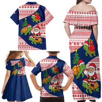Panama Christmas Family Matching Off Shoulder Maxi Dress and Hawaiian Shirt with Santa Claus Sea Turtles Holiday Tree and Red Blue Pattern Design - Wonder Print Shop