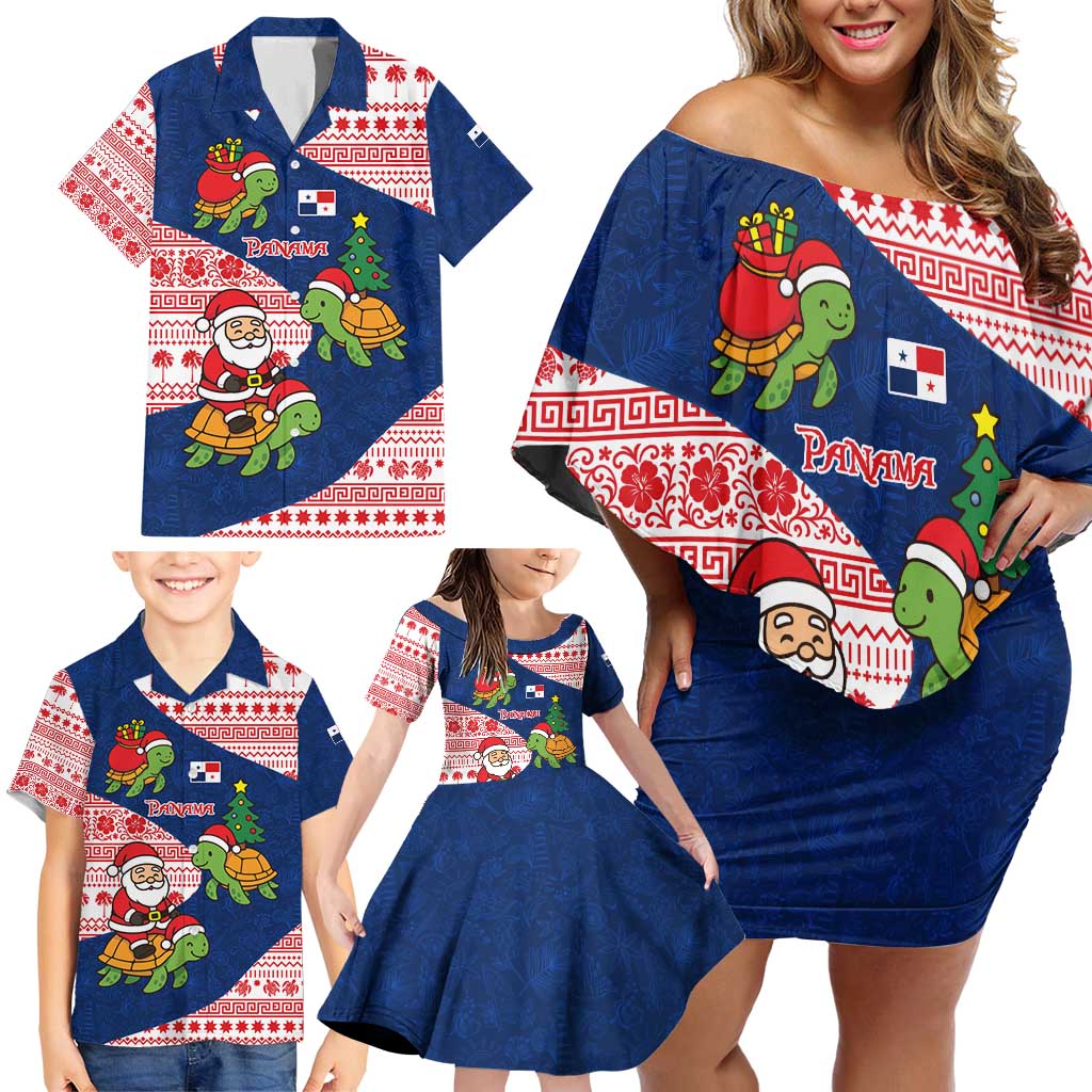 Panama Christmas Family Matching Off Shoulder Short Dress and Hawaiian Shirt with Santa Claus Sea Turtles Holiday Tree and Red Blue Pattern Design - Wonder Print Shop