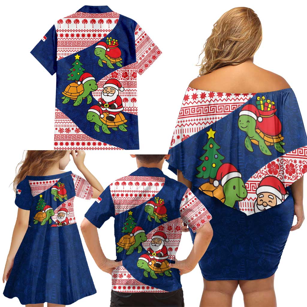 Panama Christmas Family Matching Off Shoulder Short Dress and Hawaiian Shirt with Santa Claus Sea Turtles Holiday Tree and Red Blue Pattern Design - Wonder Print Shop