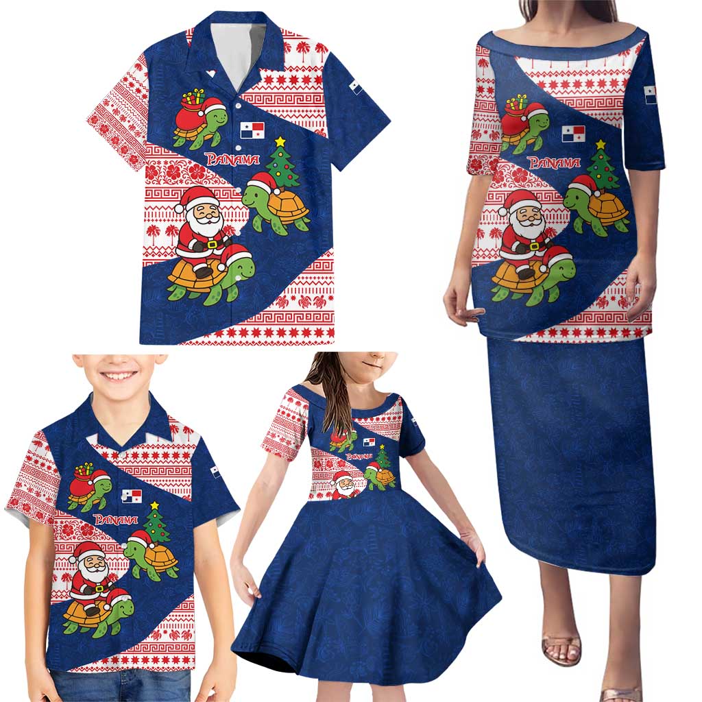 Panama Christmas Family Matching Puletasi and Hawaiian Shirt with Santa Claus Sea Turtles Holiday Tree and Red Blue Pattern Design - Wonder Print Shop
