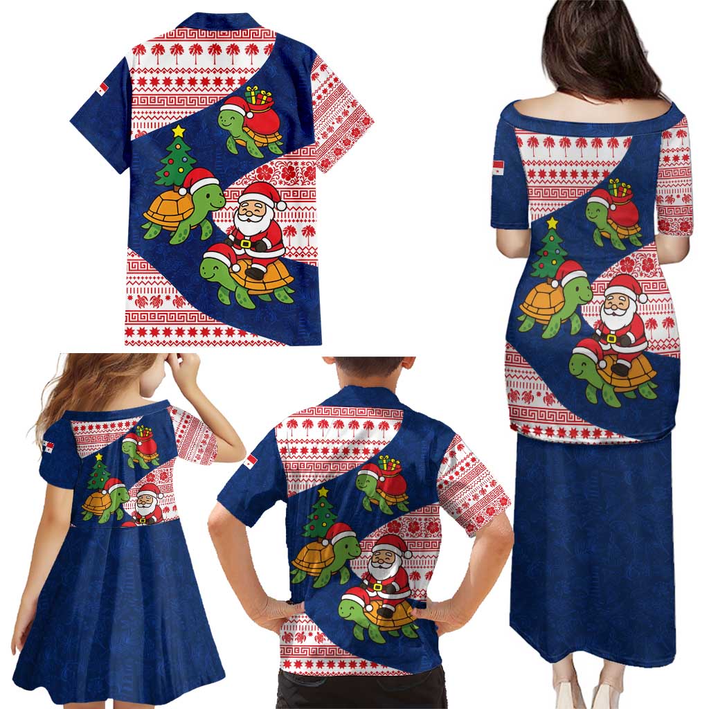 Panama Christmas Family Matching Puletasi and Hawaiian Shirt with Santa Claus Sea Turtles Holiday Tree and Red Blue Pattern Design - Wonder Print Shop