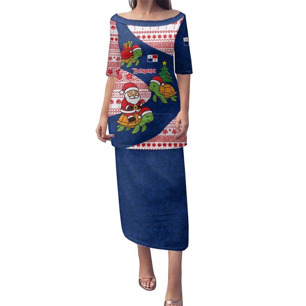 Panama Christmas Family Matching Puletasi and Hawaiian Shirt with Santa Claus Sea Turtles Holiday Tree and Red Blue Pattern Design - Wonder Print Shop
