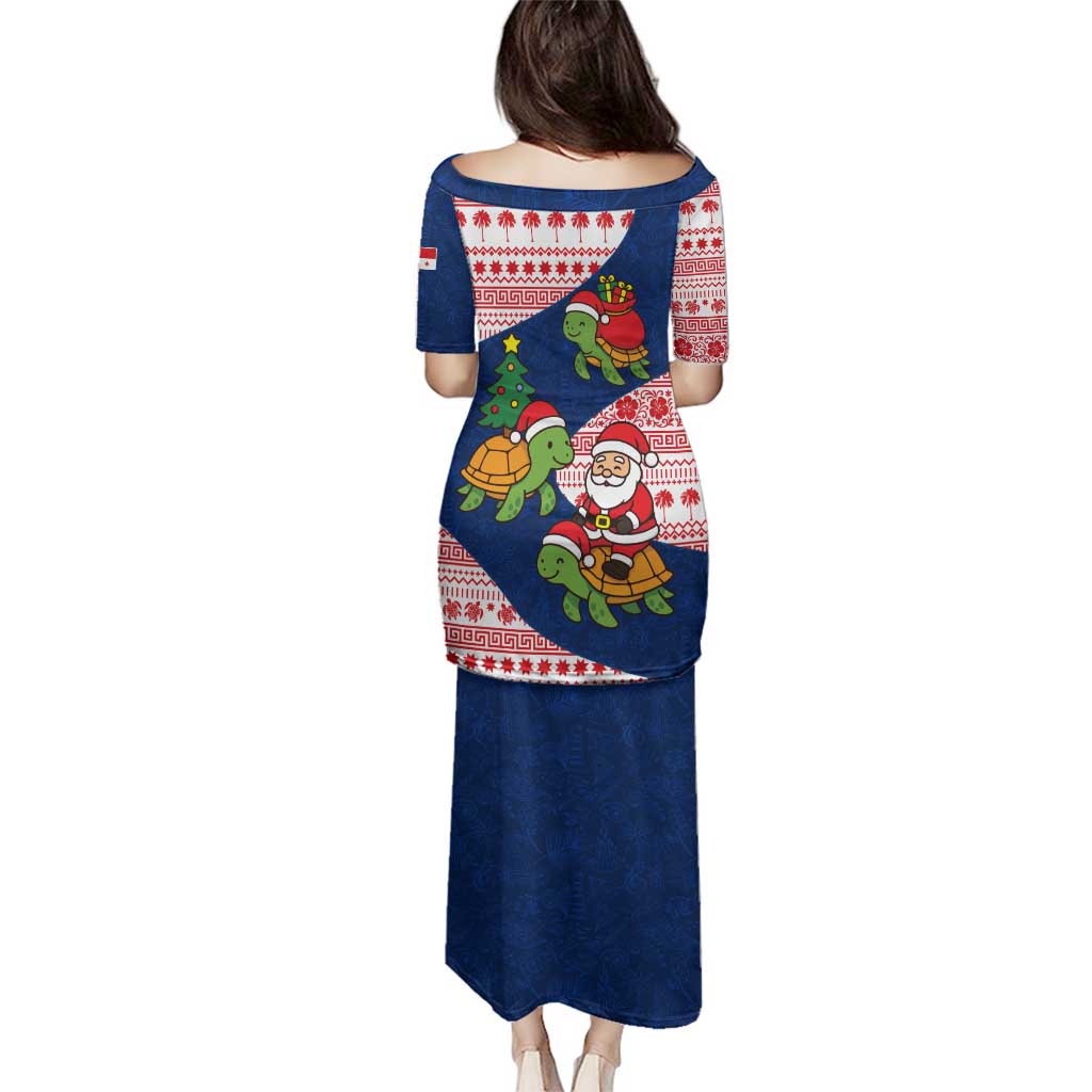 Panama Christmas Family Matching Puletasi and Hawaiian Shirt with Santa Claus Sea Turtles Holiday Tree and Red Blue Pattern Design - Wonder Print Shop