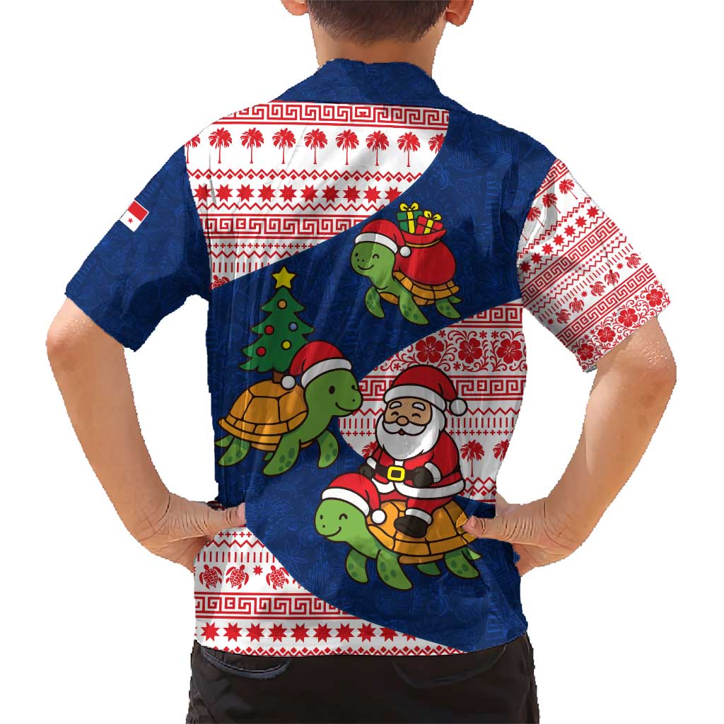 Panama Christmas Family Matching Short Sleeve Bodycon Dress and Hawaiian Shirt with Santa Claus Sea Turtles Holiday Tree and Red Blue Pattern Design - Wonder Print Shop