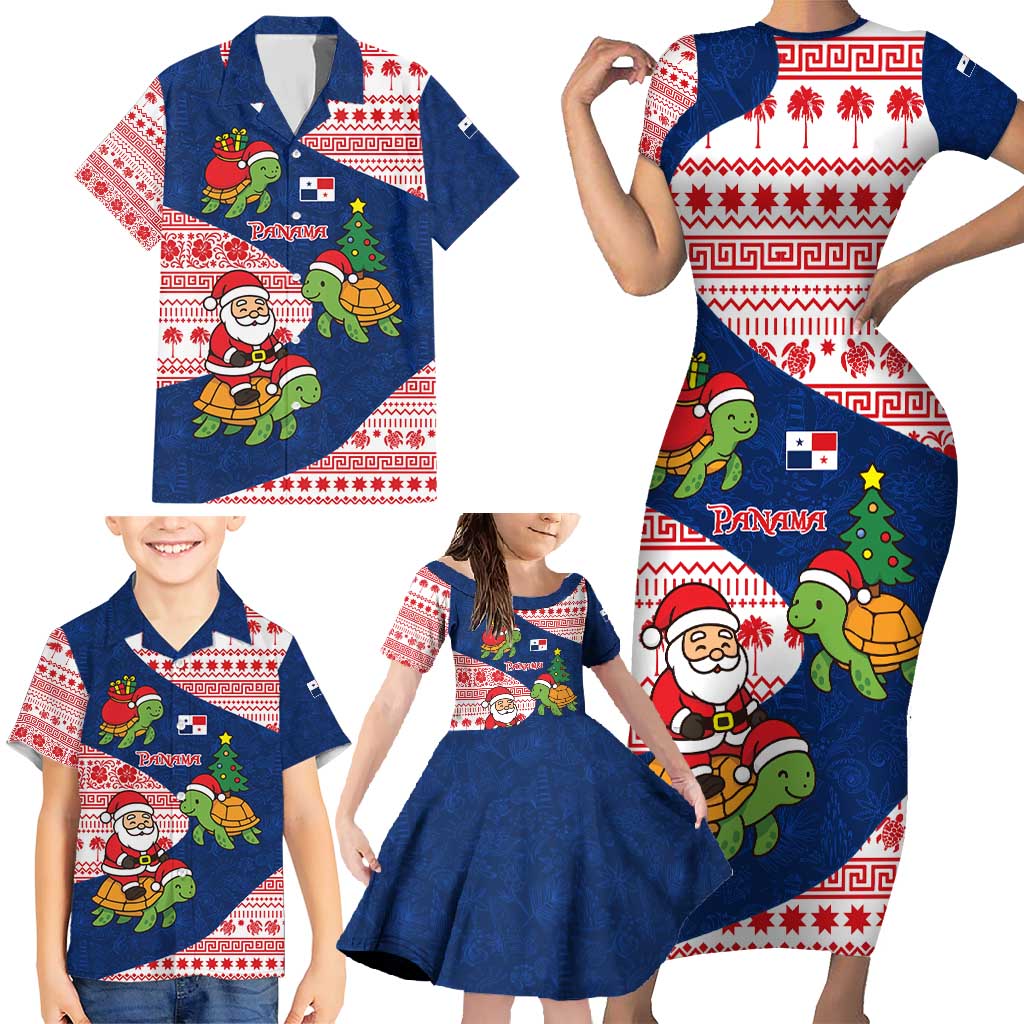 Panama Christmas Family Matching Short Sleeve Bodycon Dress and Hawaiian Shirt with Santa Claus Sea Turtles Holiday Tree and Red Blue Pattern Design - Wonder Print Shop
