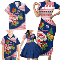 Panama Christmas Family Matching Short Sleeve Bodycon Dress and Hawaiian Shirt with Santa Claus Sea Turtles Holiday Tree and Red Blue Pattern Design - Wonder Print Shop