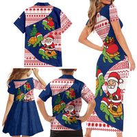 Panama Christmas Family Matching Short Sleeve Bodycon Dress and Hawaiian Shirt with Santa Claus Sea Turtles Holiday Tree and Red Blue Pattern Design - Wonder Print Shop