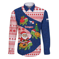 Panama Christmas Family Matching Short Sleeve Bodycon Dress and Hawaiian Shirt with Santa Claus Sea Turtles Holiday Tree and Red Blue Pattern Design - Wonder Print Shop