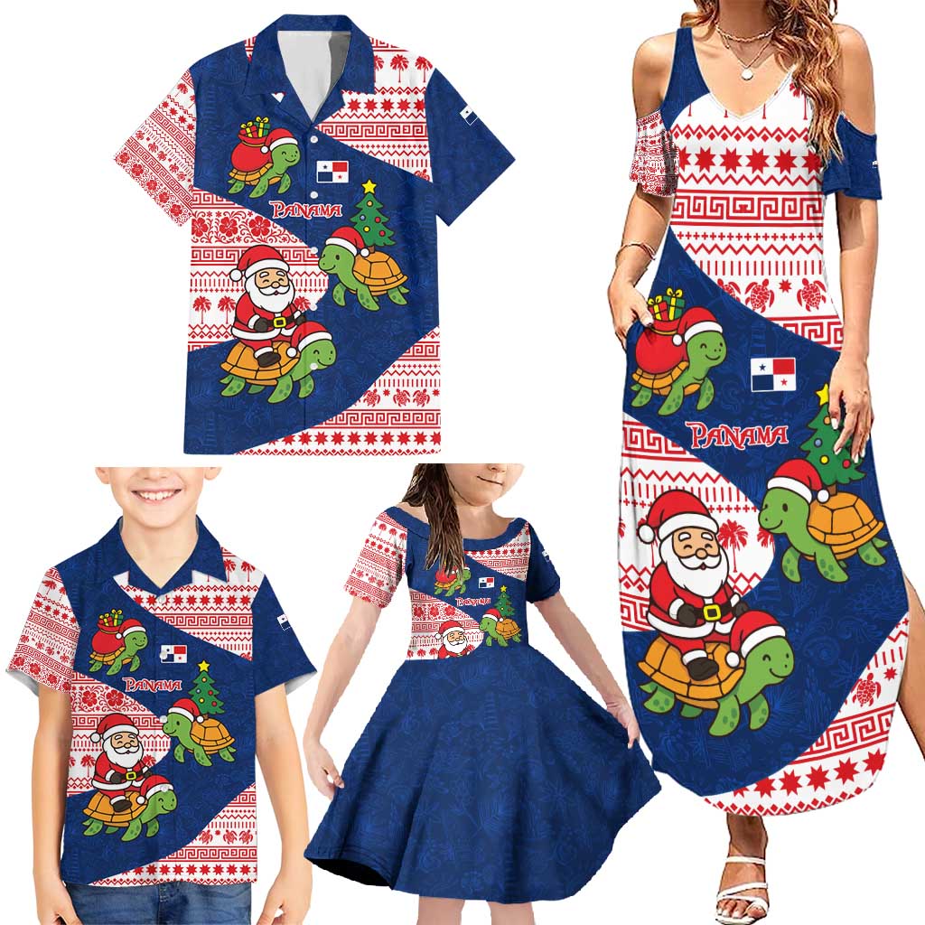 Panama Christmas Family Matching Summer Maxi Dress and Hawaiian Shirt with Santa Claus Sea Turtles Holiday Tree and Red Blue Pattern Design - Wonder Print Shop