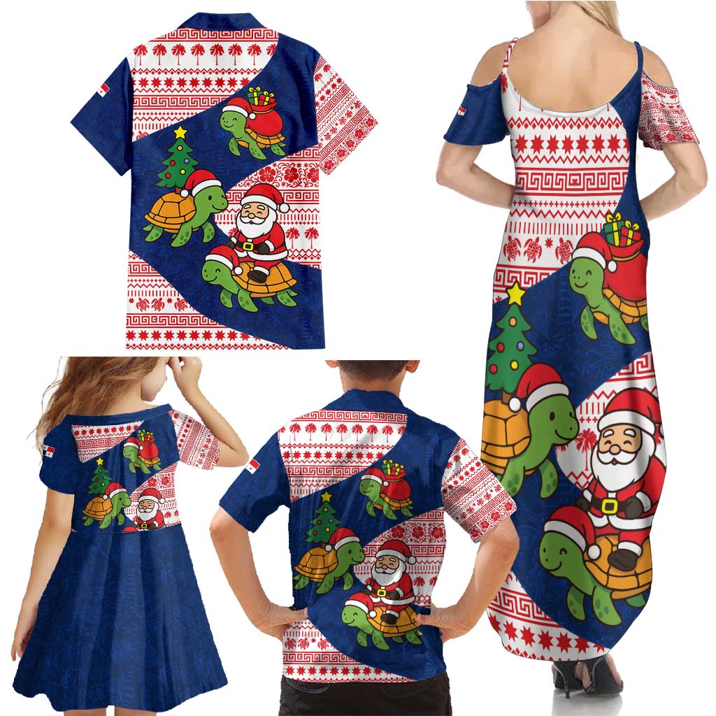 Panama Christmas Family Matching Summer Maxi Dress and Hawaiian Shirt with Santa Claus Sea Turtles Holiday Tree and Red Blue Pattern Design - Wonder Print Shop