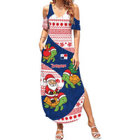 Panama Christmas Family Matching Summer Maxi Dress and Hawaiian Shirt with Santa Claus Sea Turtles Holiday Tree and Red Blue Pattern Design - Wonder Print Shop