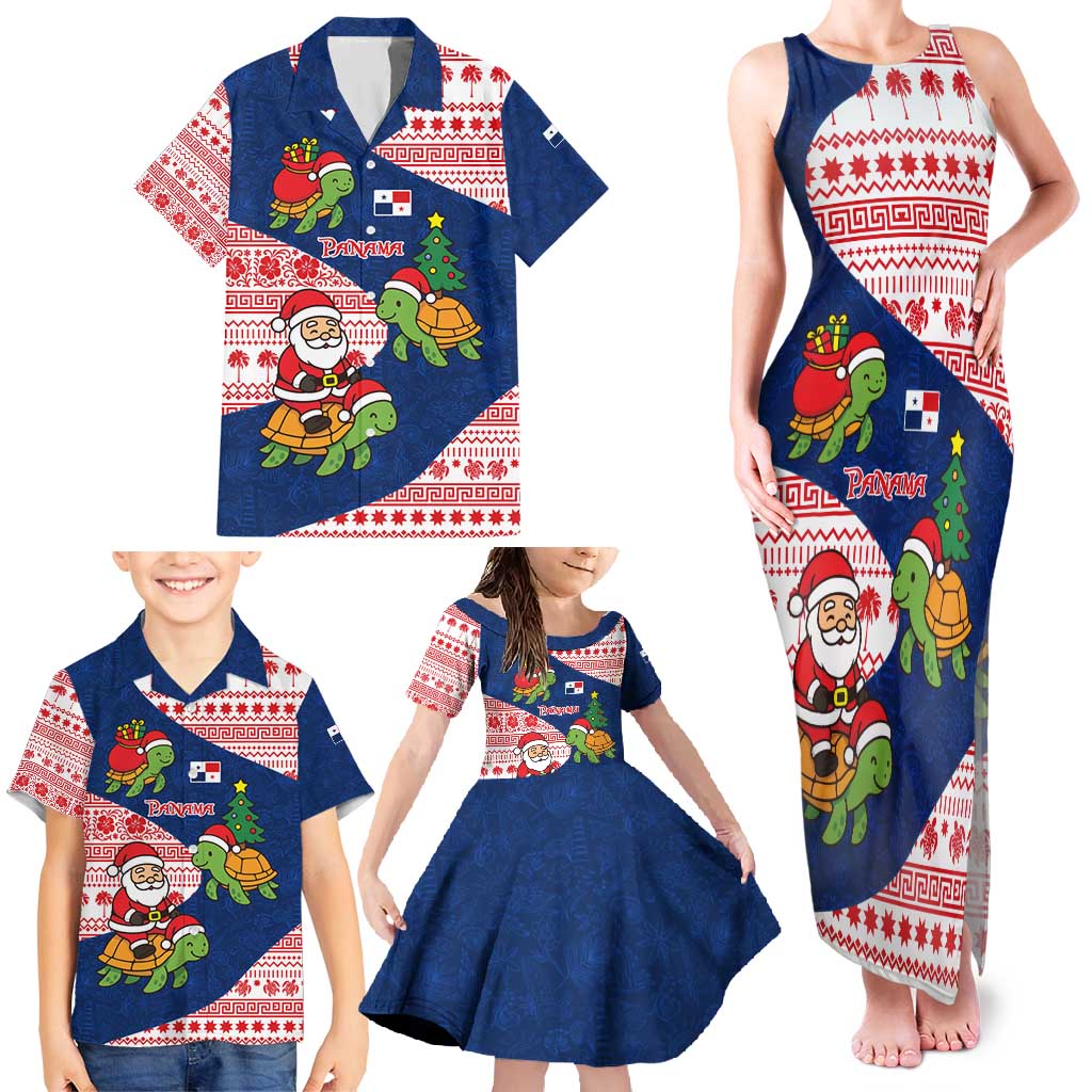 Panama Christmas Family Matching Tank Maxi Dress and Hawaiian Shirt with Santa Claus Sea Turtles Holiday Tree and Red Blue Pattern Design - Wonder Print Shop