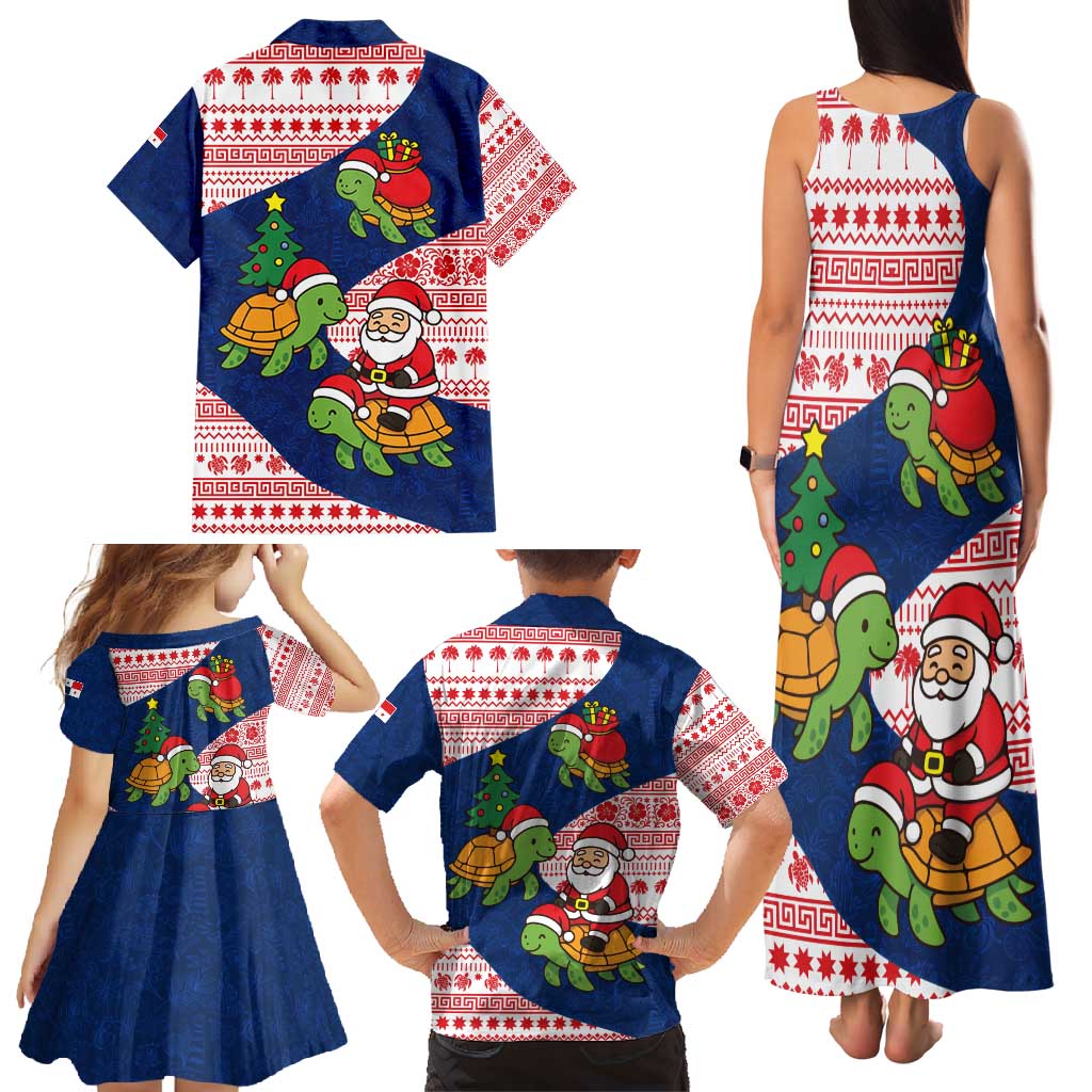 Panama Christmas Family Matching Tank Maxi Dress and Hawaiian Shirt with Santa Claus Sea Turtles Holiday Tree and Red Blue Pattern Design - Wonder Print Shop