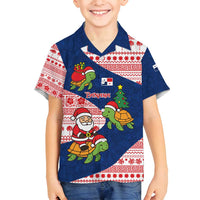 Panama Christmas Family Matching Tank Maxi Dress and Hawaiian Shirt with Santa Claus Sea Turtles Holiday Tree and Red Blue Pattern Design - Wonder Print Shop