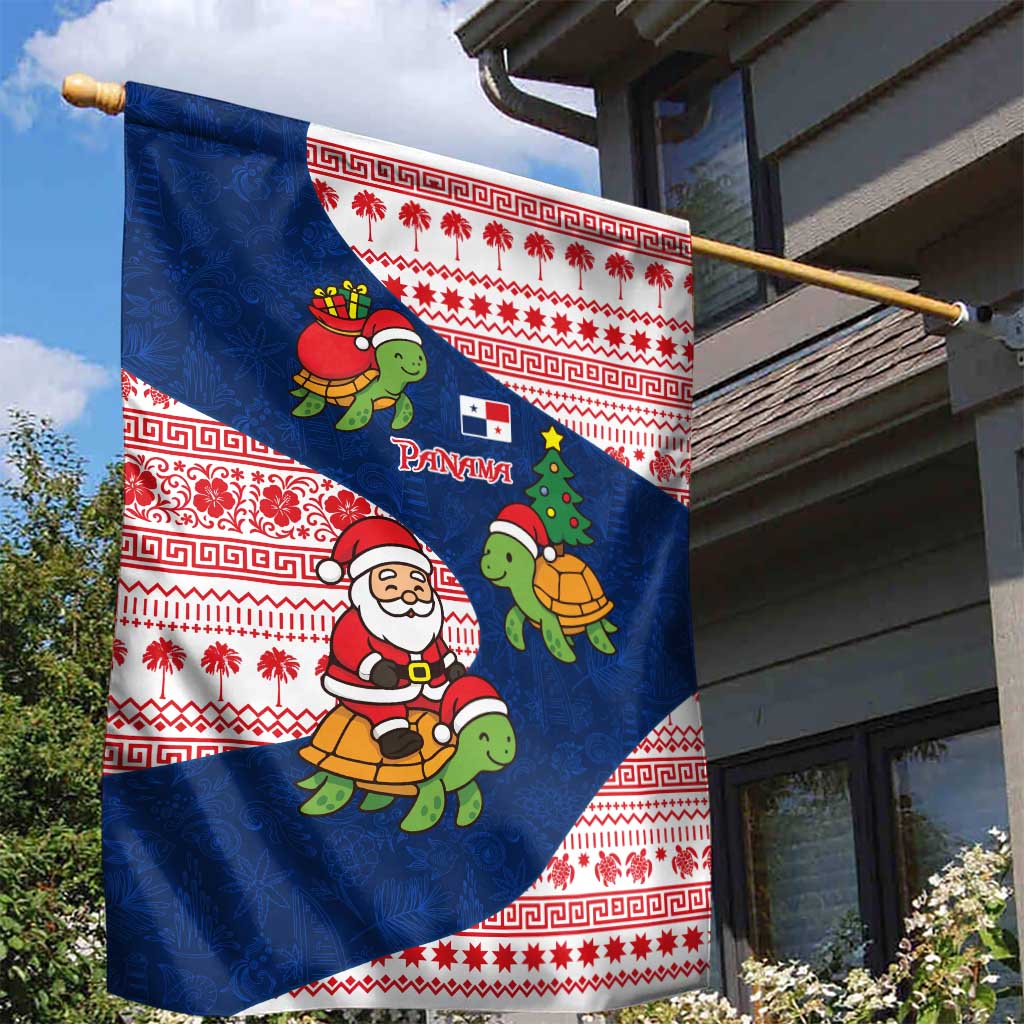 Panama Christmas Garden Flag with Santa Claus Sea Turtles Holiday Tree and Red Blue Pattern Design - Wonder Print Shop