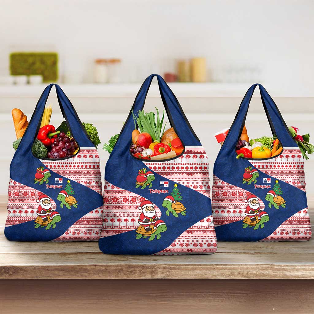 Panama Christmas Grocery Bag with Santa Claus Sea Turtles Holiday Tree and Red Blue Pattern Design - Wonder Print Shop