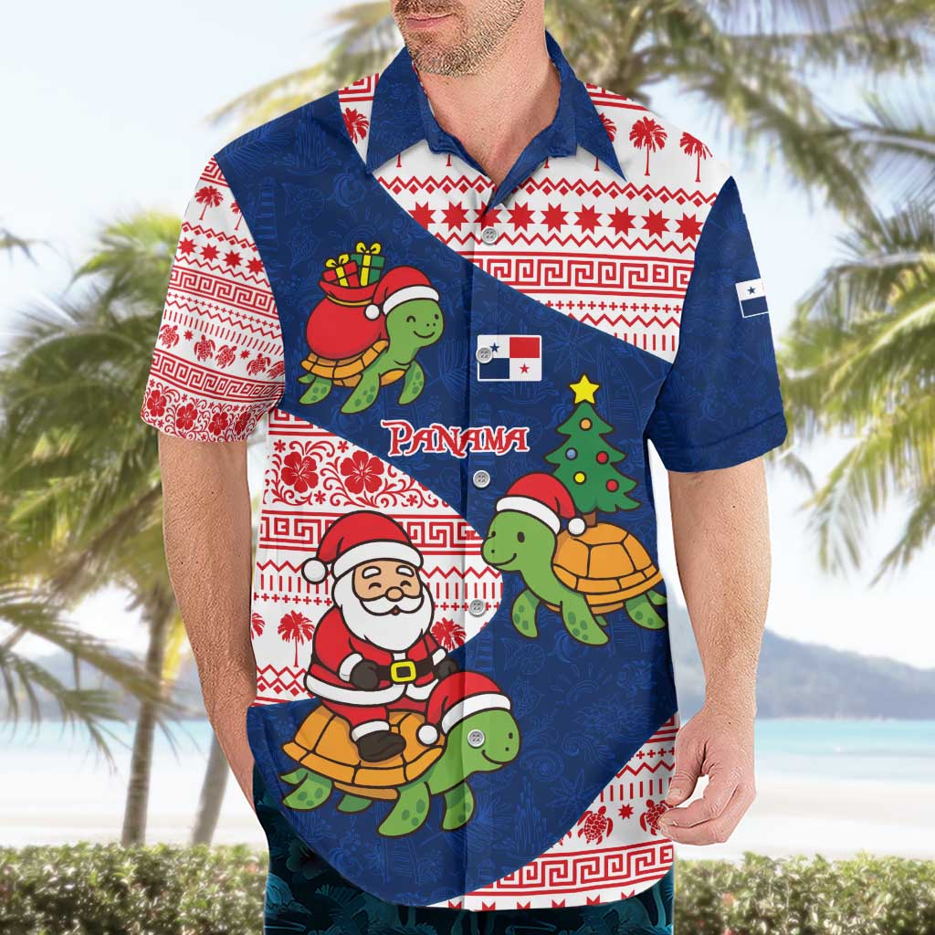 Panama Christmas Hawaiian Shirt with Santa Claus Sea Turtles Holiday Tree and Red Blue Pattern Design - Wonder Print Shop
