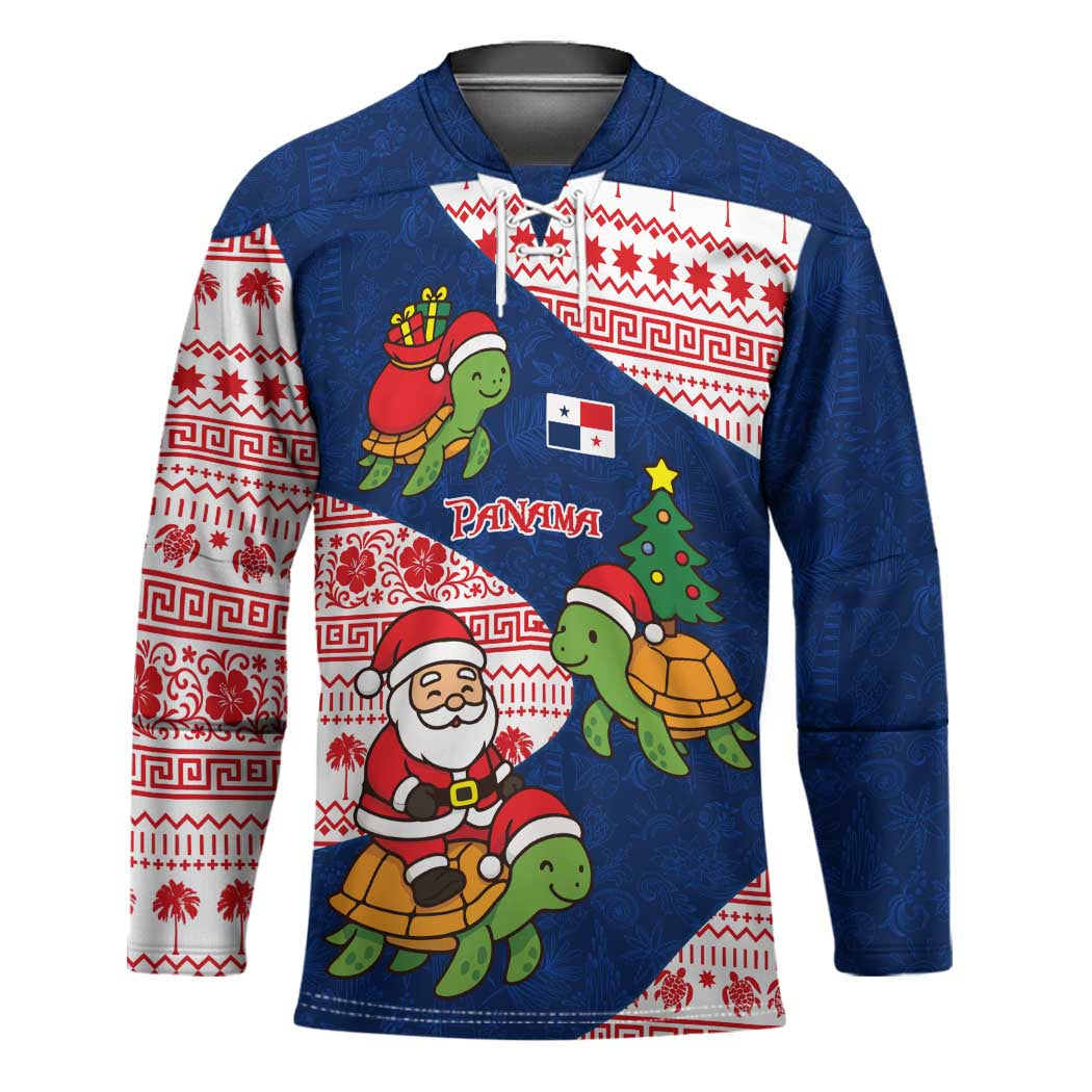 Panama Christmas Hockey Jersey with Santa Claus Sea Turtles Holiday Tree and Red Blue Pattern Design - Wonder Print Shop