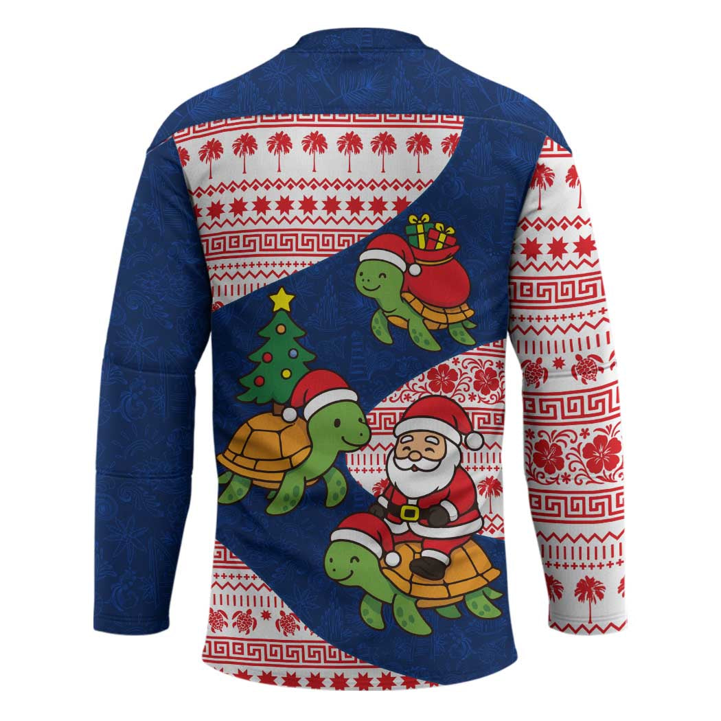 Panama Christmas Hockey Jersey with Santa Claus Sea Turtles Holiday Tree and Red Blue Pattern Design - Wonder Print Shop