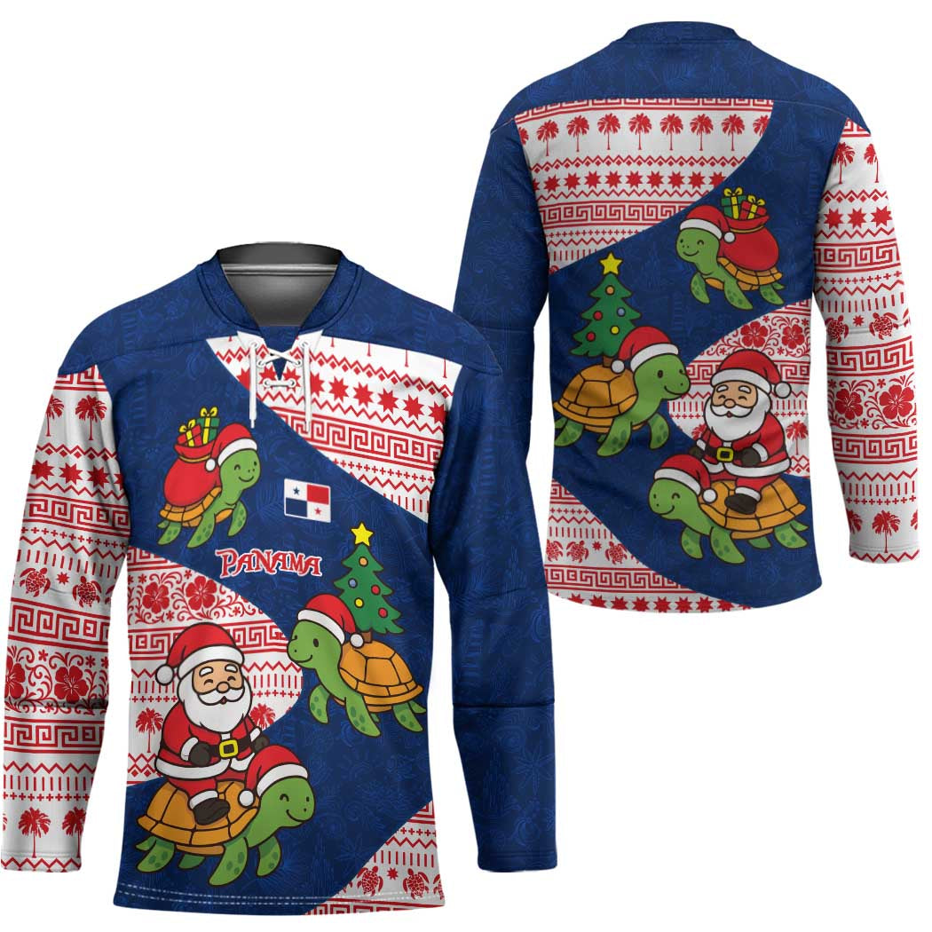 Panama Christmas Hockey Jersey with Santa Claus Sea Turtles Holiday Tree and Red Blue Pattern Design - Wonder Print Shop