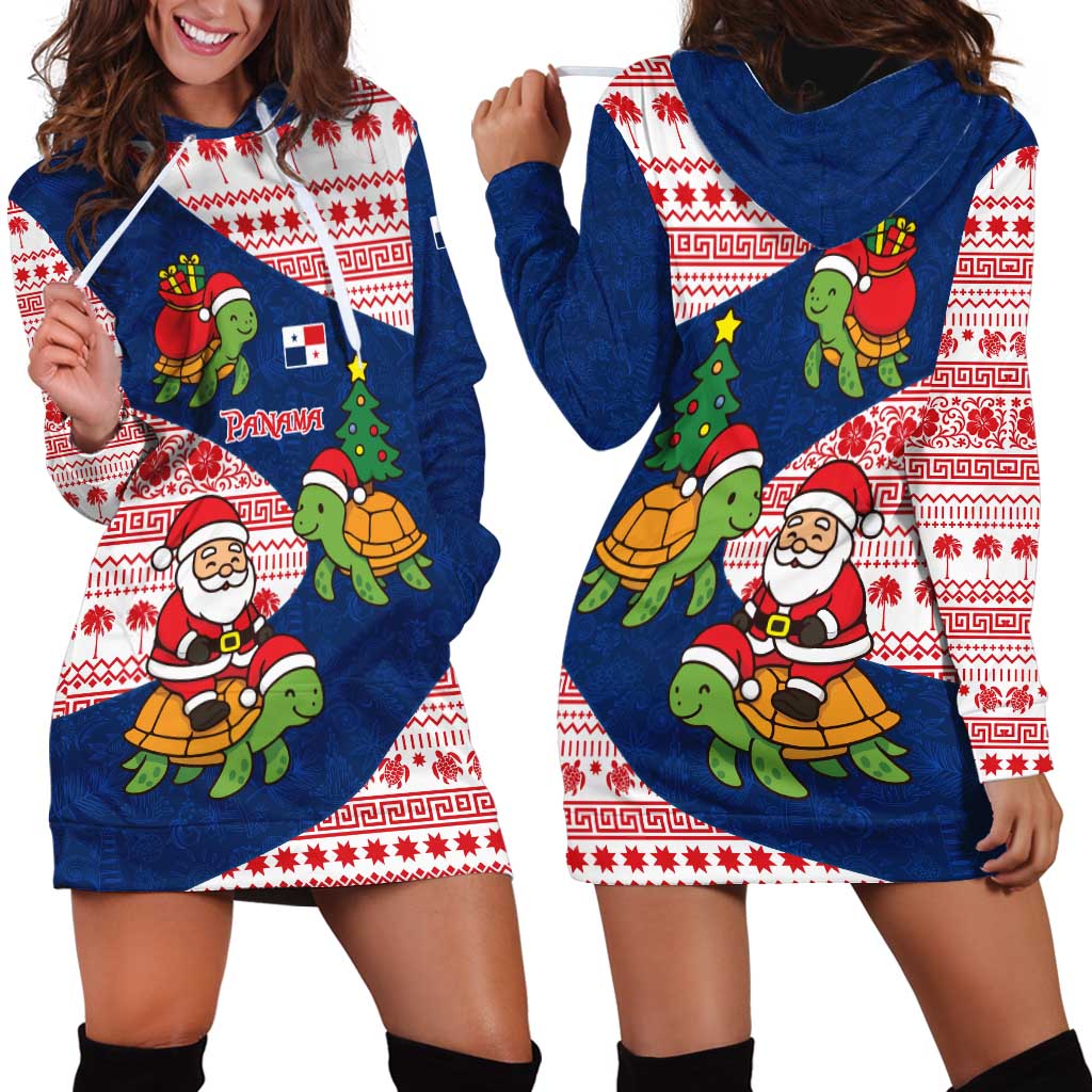 Panama Christmas Hoodie Dress with Santa Claus Sea Turtles Holiday Tree and Red Blue Pattern Design - Wonder Print Shop