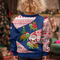 Panama Christmas Kid Ugly Christmas Sweater with Santa Claus Sea Turtles Holiday Tree and Red Blue Pattern Design - Wonder Print Shop