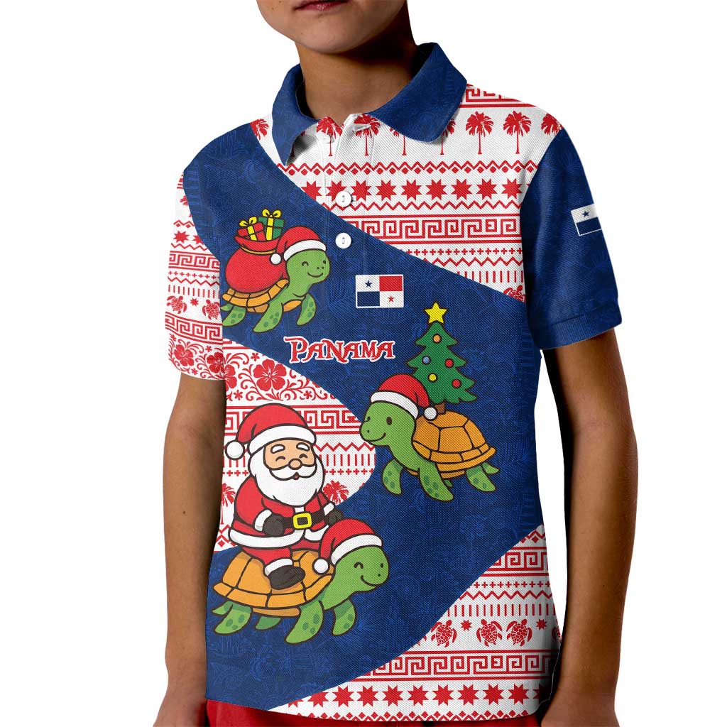 Panama Christmas Kid Polo Shirt with Santa Claus Sea Turtles Holiday Tree and Red Blue Pattern Design - Wonder Print Shop