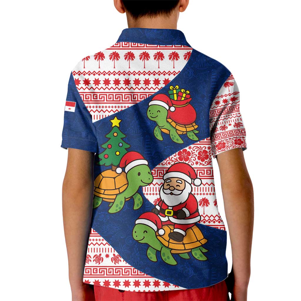 Panama Christmas Kid Polo Shirt with Santa Claus Sea Turtles Holiday Tree and Red Blue Pattern Design - Wonder Print Shop