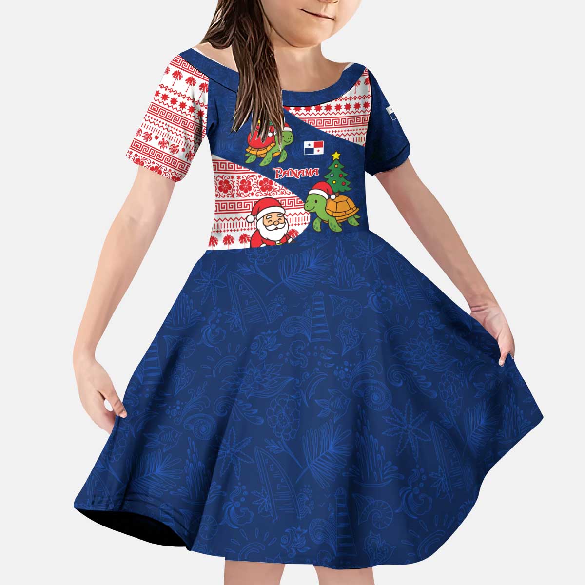 Panama Christmas Kid Short Sleeve Dress with Santa Claus Sea Turtles Holiday Tree and Red Blue Pattern Design - Wonder Print Shop