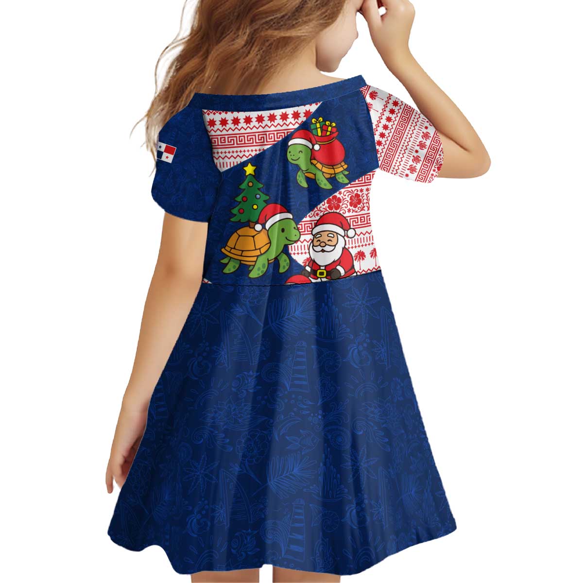 Panama Christmas Kid Short Sleeve Dress with Santa Claus Sea Turtles Holiday Tree and Red Blue Pattern Design - Wonder Print Shop
